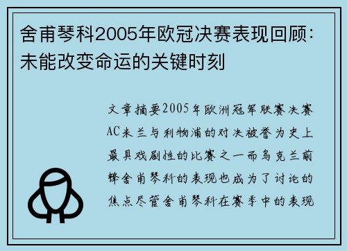 舍甫琴科2005年欧冠决赛表现回顾：未能改变命运的关键时刻