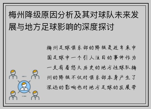 梅州降级原因分析及其对球队未来发展与地方足球影响的深度探讨